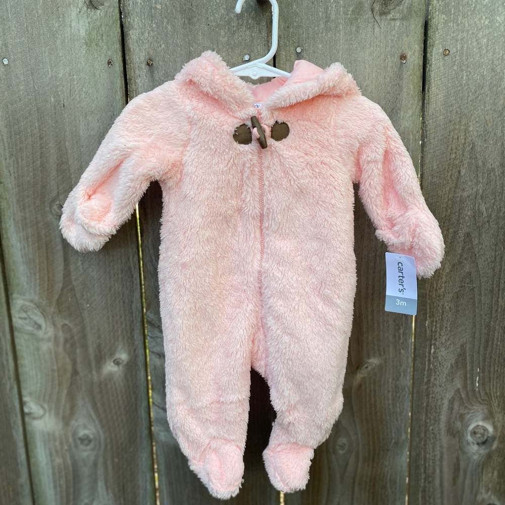 NWT Carters Baby Girl Pink Pram Pink Sherpa Hooded Jumpsuit 3‎ months